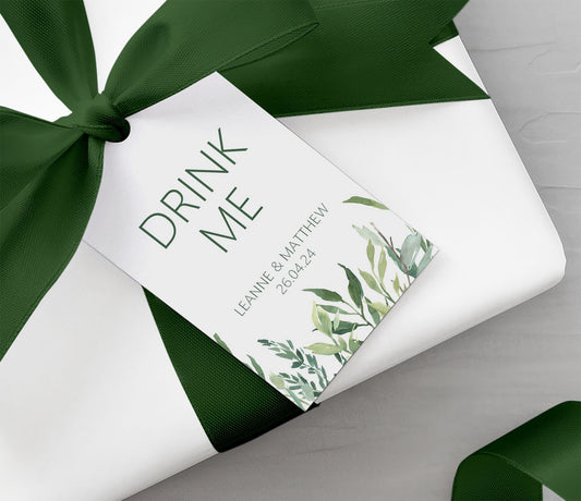 Drink Me Wedding Gift Tags Personalised, Greenery Sold In Packs Of 10
