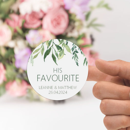 His Favourite Wedding Stickers, Greenery 37mm Round With Personalisation At The Bottom x 35 Stickers Per Sheet