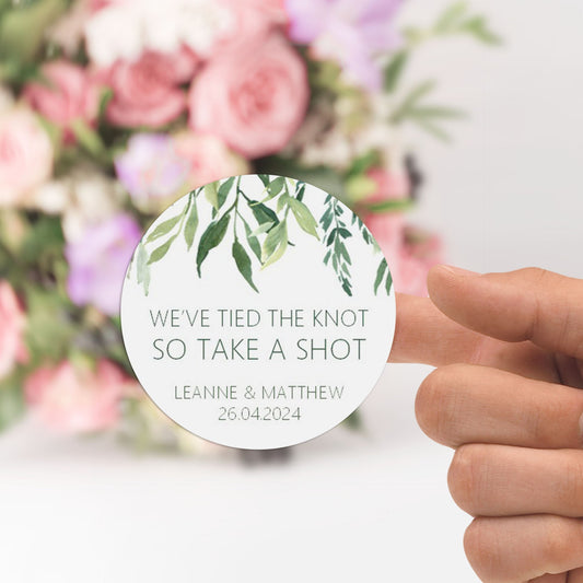Take A Shot Wedding Stickers, Greenery 37mm Round With Personalisation At The Bottom x 35 Stickers Per Sheet