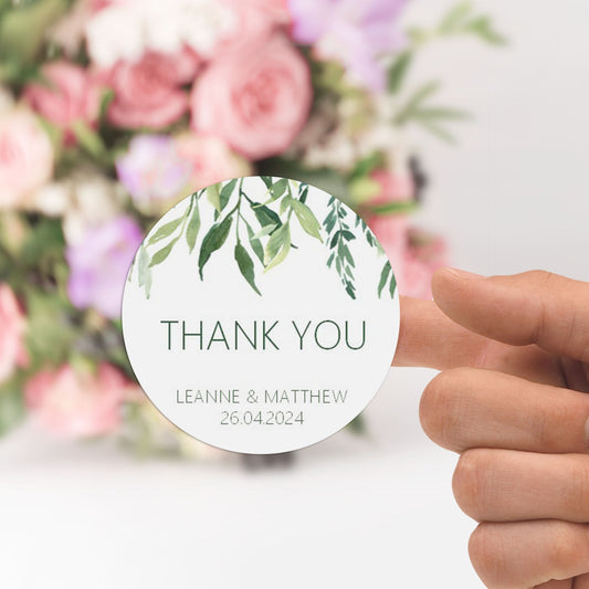Thank You Wedding Stickers, Greenery 37mm Round With Personalisation At The Bottom x 35 Stickers Per Sheet