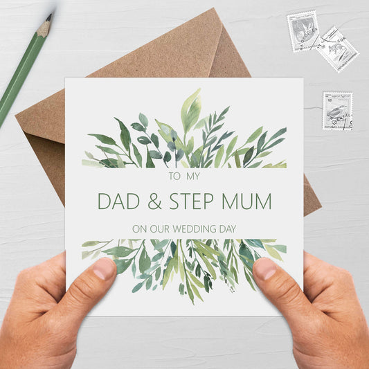 Dad & Step-Mum On Our Wedding Day Card, Greenery 6x6 Inches With A Kraft Envelope