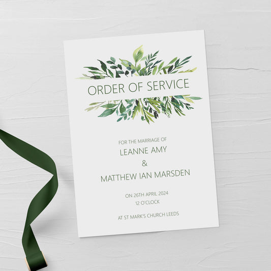 Order of Service 4, 8 or 12 Page Booklet, Rustic Greenery A5 Fully Printed for Wedding Service