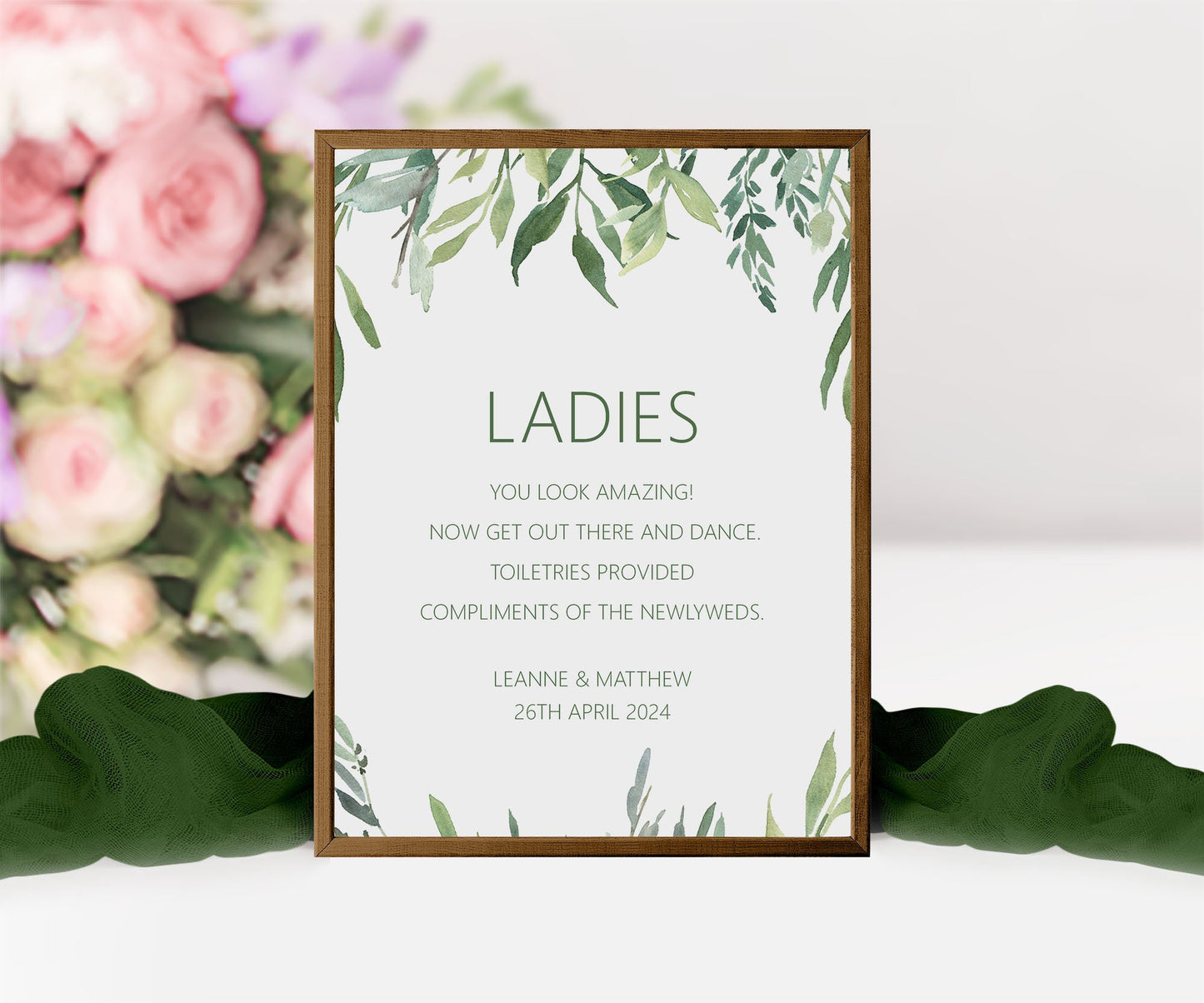 Ladies Toiletries Wedding Sign, Personalised Greenery A5, A4 Or A3 Sign