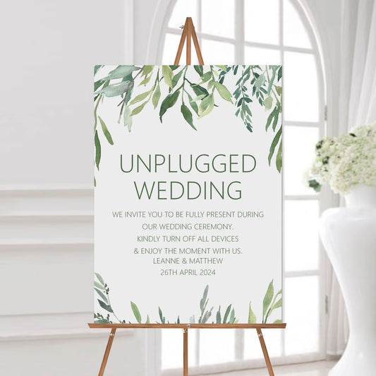 Unplugged Wedding Ceremony Wedding Sign, Personalised Greenery A5, A4 Or A3 Sign