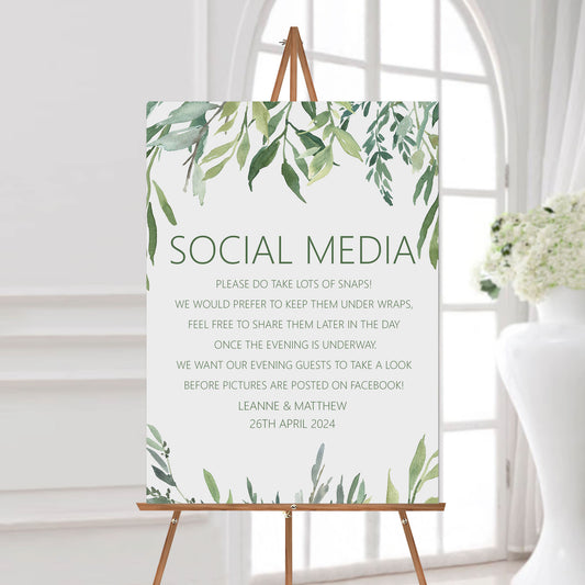 Social Media Photos Wedding Sign, Personalised Greenery A5, A4 Or A3 Sign