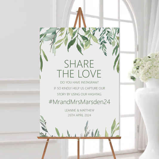 Hashtag Social Media Wedding Sign, Personalised Greenery A5, A4 Or A3 Sign