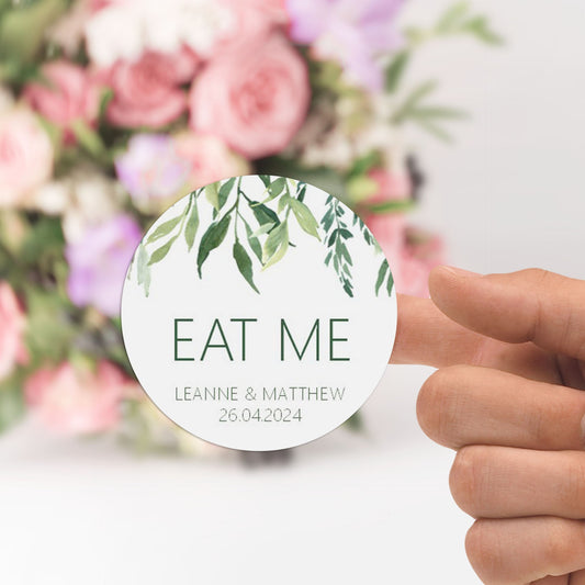 Eat Me Wedding Stickers, Greenery 37mm Round With Personalisation At The Bottom x 35 Stickers Per Sheet