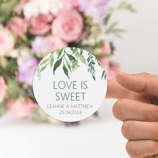 Love Is Sweet Wedding Stickers, Greenery 37mm Round With Personalisation At The Bottom x 35 Stickers Per Sheet
