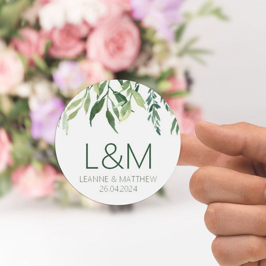 Monogram Initials Wedding Stickers, Greenery 37mm Round With Personalisation At The Bottom x 35 Stickers Per Sheet