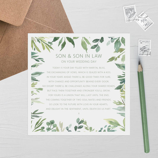 Son & Son In Law On Your Wedding Day Card, Greenery 6x6 Inches With A Kraft Envelope