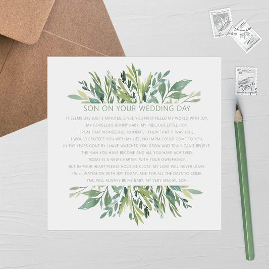 Son On Our Wedding Day Card, Greenery 6x6 Inches With A Kraft Envelope