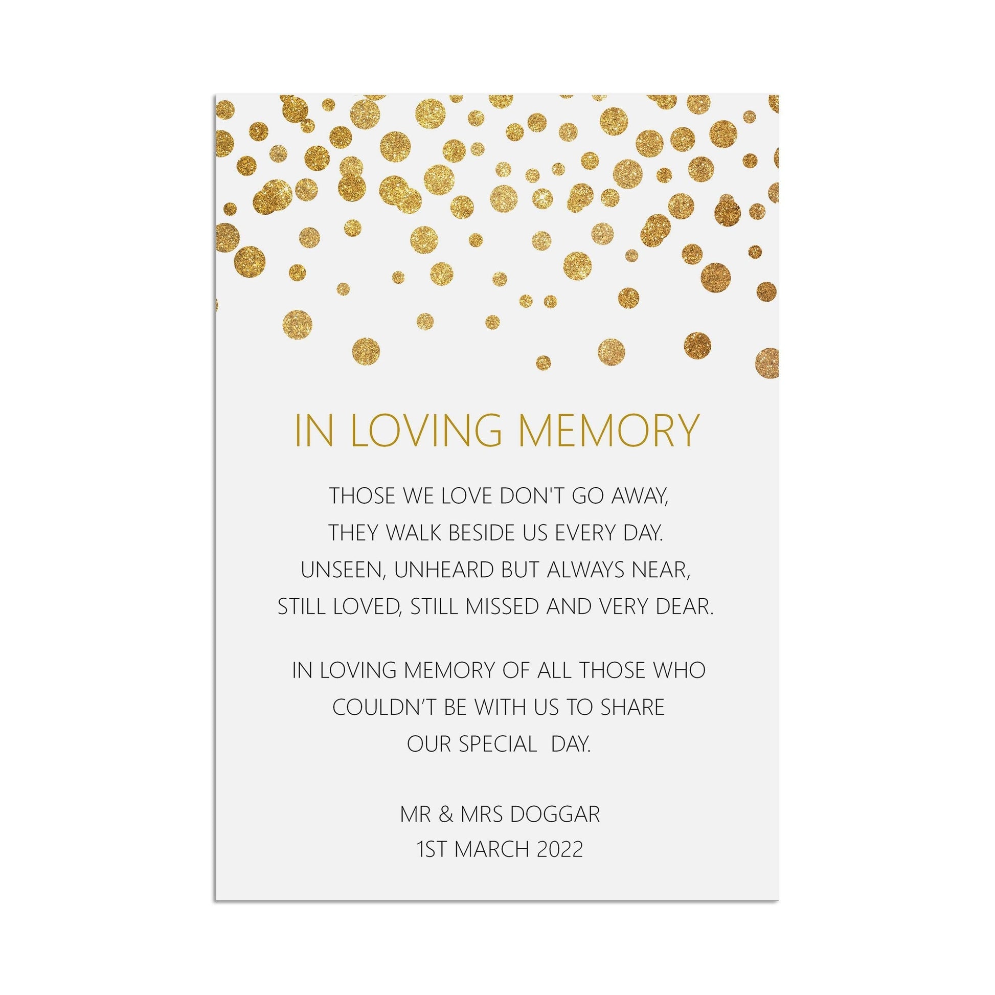  In loving memory, Remembrance Wedding Sign, Personalised Gold Effect A5, A5 Or A3 by PMPRINTED 