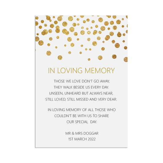  In loving memory, Remembrance Wedding Sign, Personalised Gold Effect A5, A5 Or A3 by PMPRINTED 