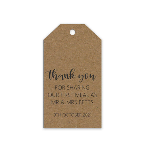  Kraft thank you for sharing our 1st meal as Mr and Mrs, cutlery wedding favour gift tags, Personalised pack of 10 by PMPRINTED 