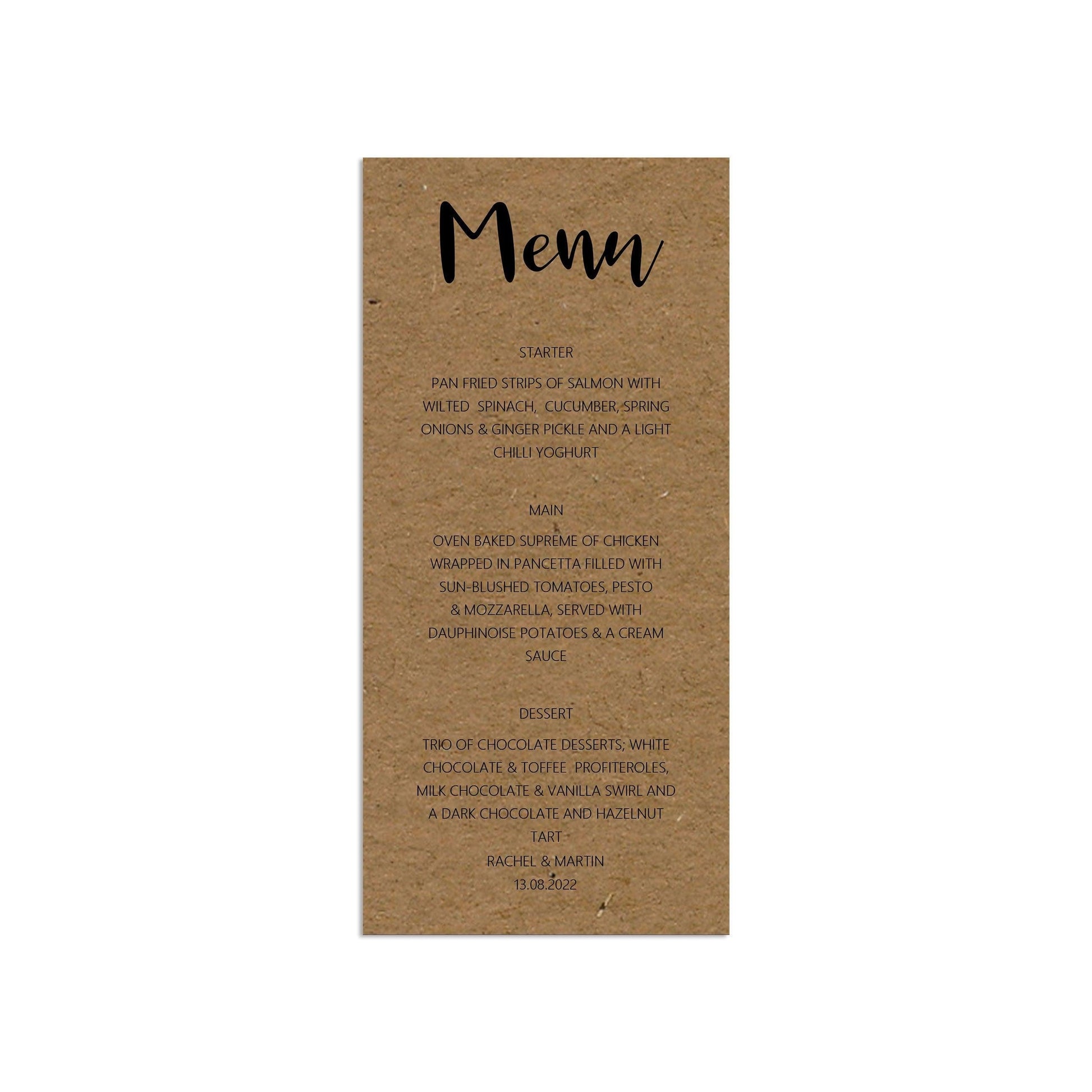  Kraft Wedding breakfast menu cards, Personalised printed wedding reception tables by PMPRINTED 