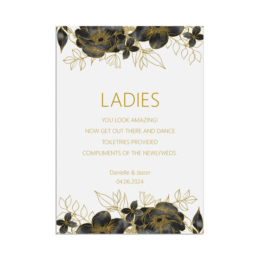  Ladies Bathroom Basket Wedding Sign, Black & Gold Personalised Printed Sign In Sizes A5, A4 or A3 by PMPRINTED 