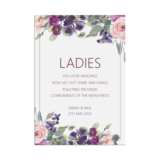  Ladies Toiletries Wedding Sign Purple Floral Personalised A5, A4 Or A3 by PMPRINTED 