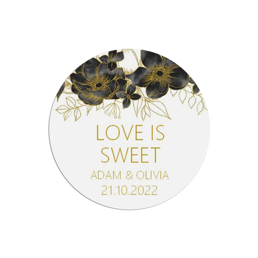  Love Is Sweet Black & Gold Stickers 37mm Round x 35 Personalised Stickers Per Sheet by PMPRINTED 