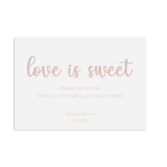  Love Is Sweet Rose Gold Effect Wedding Sign, Personalised A5, A4, Or A3 by PMPRINTED 