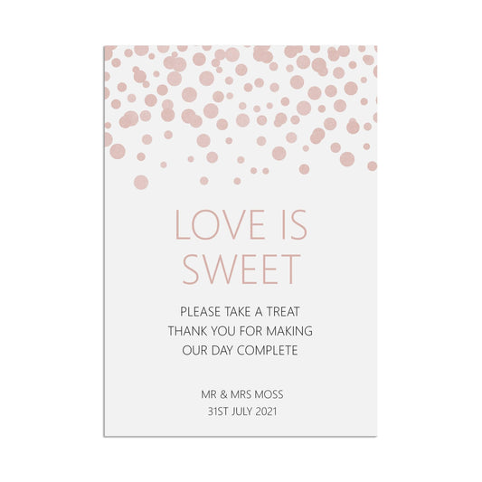  Love Is Sweet Wedding Sign, Blush Confetti Personalised A5, A4, Or A3 by PMPRINTED 