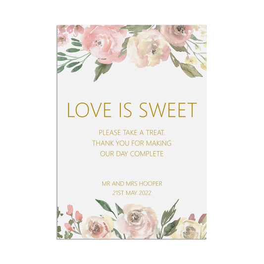 Love Is Sweet Wedding Sign, Personalised Blush Floral A5, A4 Or A3 Sign by PMPRINTED 