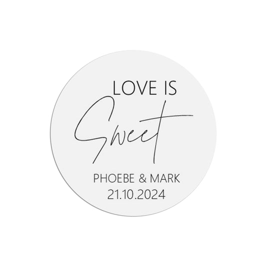  Love Is Sweet Wedding Sticker, Black & White 37mm Round With Personalisation At The Bottom x 35 Stickers Per Sheet by PMPRINTED 