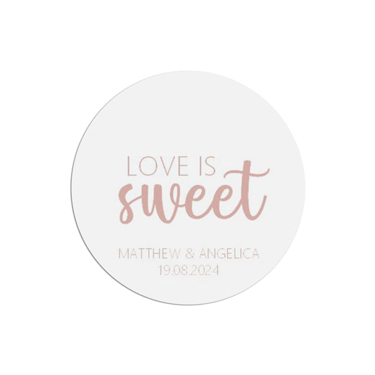  Love Is Sweet Wedding Sticker, Rose Gold Effect 37mm Round With Personalisation At The Bottom x 35 Stickers Per Sheet by PMPRINTED 