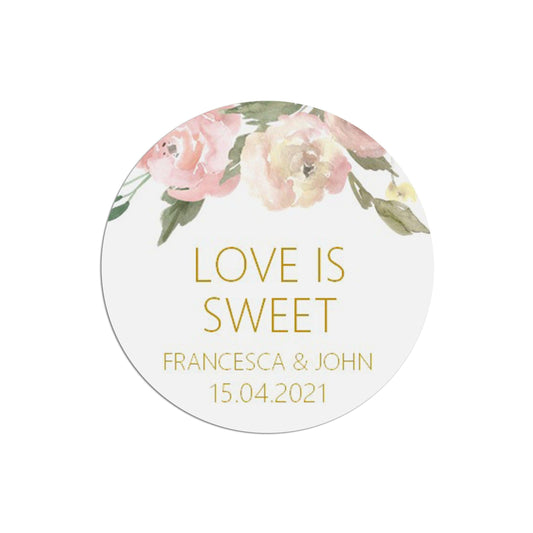  Love Is Sweet Wedding Stickers Blush Floral 37mm Round With Personalisation At The Bottom x 35 Stickers Per Sheet by PMPRINTED 