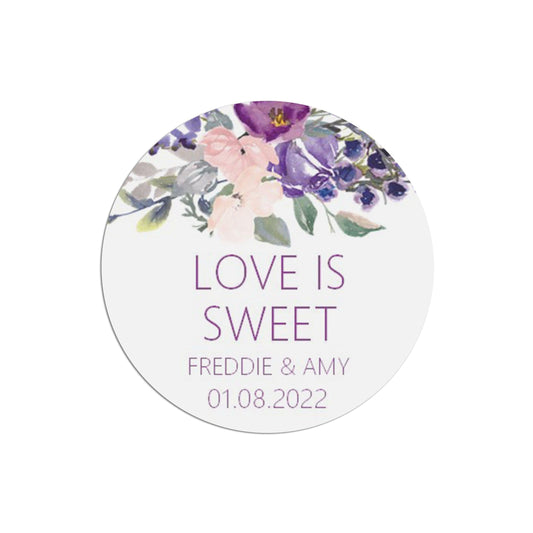  Love Is Sweet Wedding Stickers, Purple Floral 37mm Round x 35 Stickers Per Sheet, Personalised At Bottom by PMPRINTED 