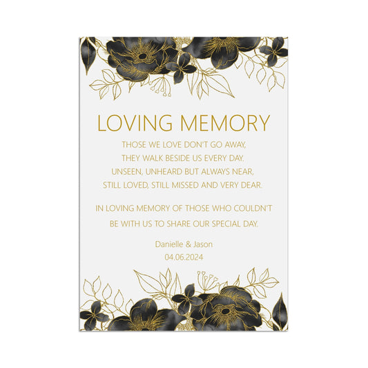  Loving Memory, Remembrance Black & Gold Wedding Sign, Personalised Printed Sign In Sizes A5, A4 or A3 by PMPRINTED 