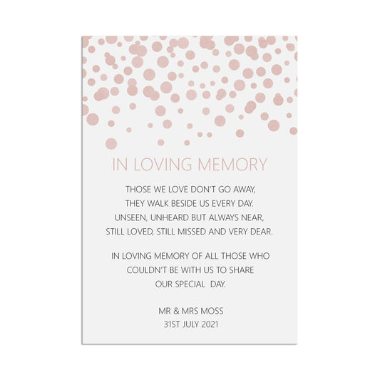  Loving Memory Remembrance Wedding Sign, Blush Confetti Personalised A5, A4, Or A3 by PMPRINTED 
