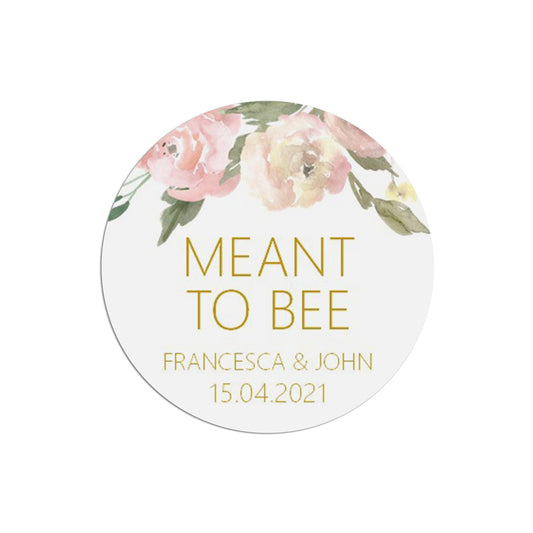  Meant To Bee Wedding Stickers Blush Floral 37mm Round With Personalisation At The Bottom x 35 Stickers Per Sheet by PMPRINTED 