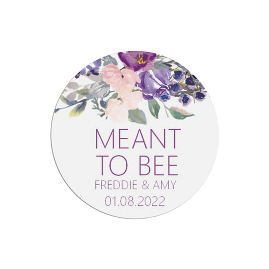  Meant To Bee Wedding Stickers, Purple Floral 37mm Round x 35 Stickers Per Sheet, Personalised At Bottom by PMPRINTED 