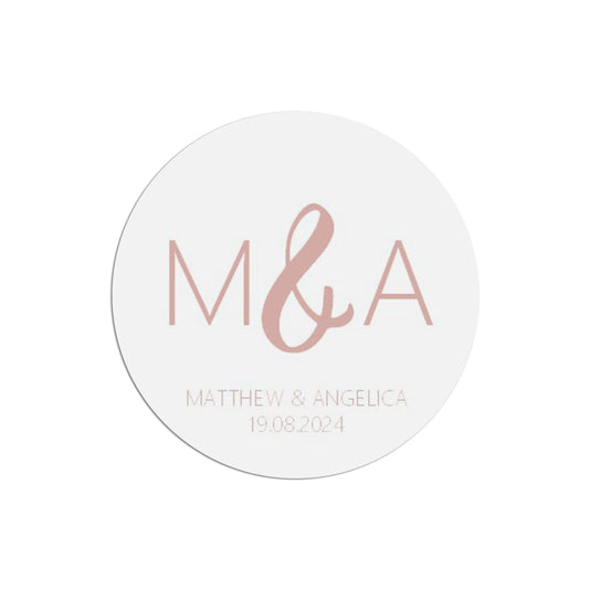  Monogram Initials Wedding Sticker, Rose Gold Effect 37mm Round With Personalisation At The Bottom x 35 Stickers Per Sheet by PMPRINTED 