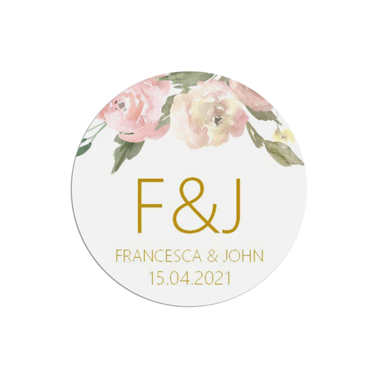  Monogram Initials Wedding Stickers Blush Floral 37mm Round With Personalisation At The Bottom x 35 Stickers Per Sheet by PMPRINTED 