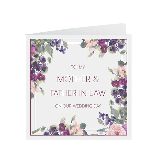  Mother & Father in law Wedding Day Card, Purple Floral 6x6 Inches With A Kraft Envelope by PMPRINTED 