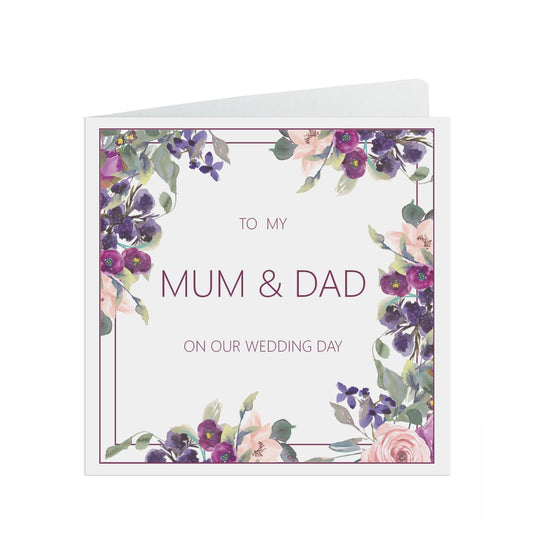  Mum & Dad Wedding Day Card, Purple Floral 6x6 Inches With A Kraft Envelope by PMPRINTED 