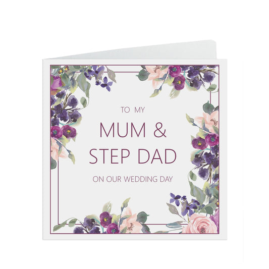  Mum & Step Dad Wedding Day Card, Purple Floral 6x6 Inches With A Kraft Envelope by PMPRINTED 
