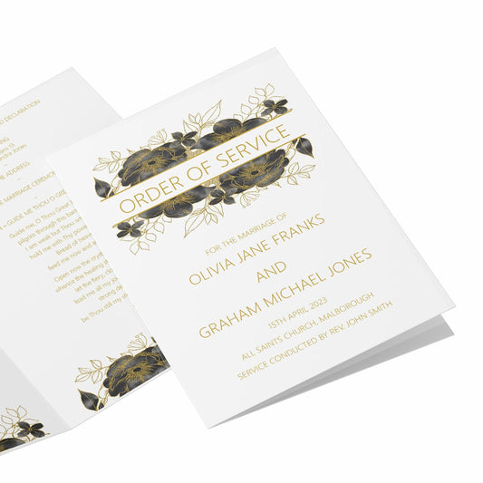  Order Of Service 4, 8 Or 12 Page Booklet, Black & Gold Floral A5 Fully Printed For Wedding Service by PMPRINTED 