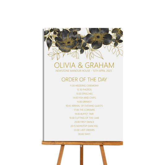  Order of the Day, Timeline Wedding Sign, Black & Gold Floral Personalised Sign A4 Or A3 by PMPRINTED 