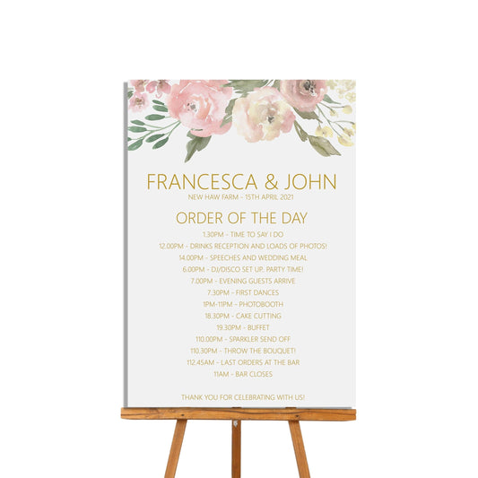  Order Of The Day Wedding Sign, Blush Floral Timeline Of Events A4 or A3 Sign by PMPRINTED 
