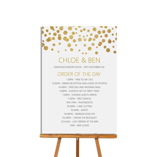  Order Of The Day Wedding Sign, Gold Effect Timeline Of Events Personalised A4 Or A3 by PMPRINTED 