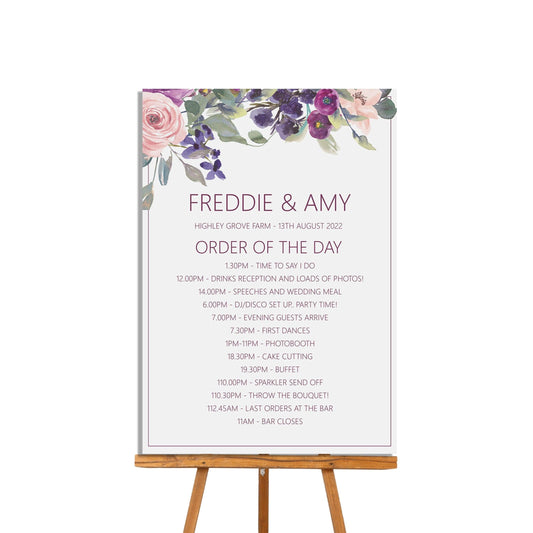  Order Of The Day Wedding Sign, Purple Floral Timeline of Events, A4 or A3 by PMPRINTED 