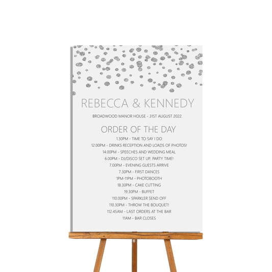  Order Of The Day Wedding Sign, Silver Effect Timeline Of Events Printed Sign A4 Or A3 by PMPRINTED 