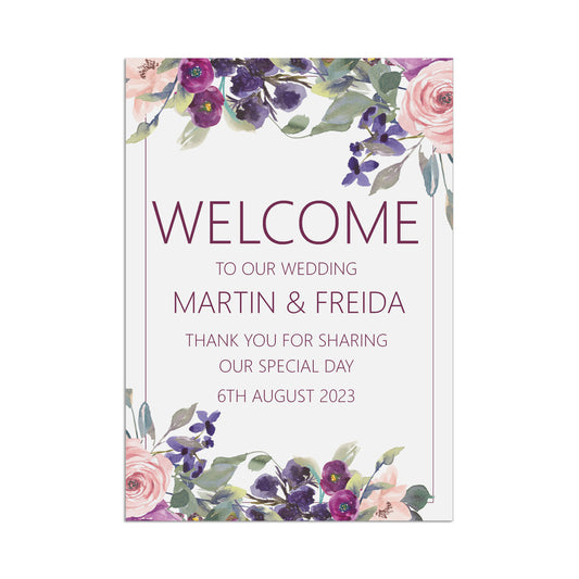 Purple Floral Welcome To Our Wedding Sign - 5 Sizes Available