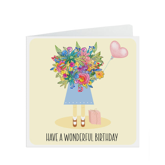 Girl With Gifts & Flowers, Floral Birthday Card