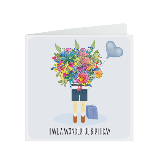 Boy With Gifts & Flowers, Floral Birthday Card