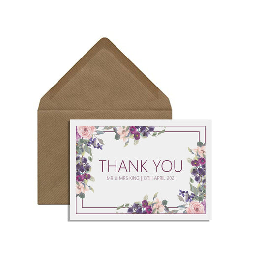  Personalised Thank You Cards, Purple Floral A6 With Kraft Envelope, Pack of 10 by PMPRINTED 