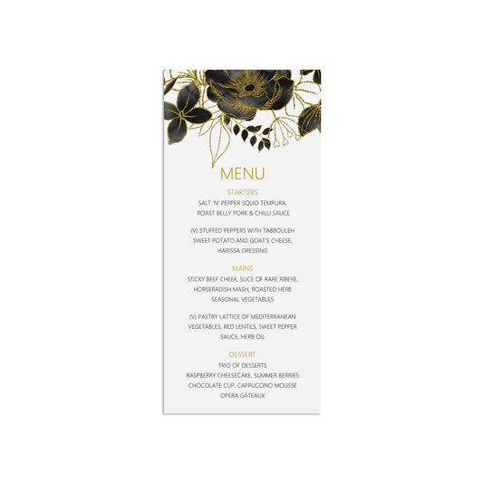  Printed Menu, Personalised Black & Gold Floral Wedding Breakfast Menu Cards by PMPRINTED 
