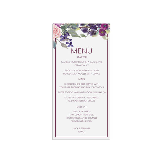 Printed Wedding Menu, Personalised Purple Floral Wedding Breakfast Menu by PMPRINTED 